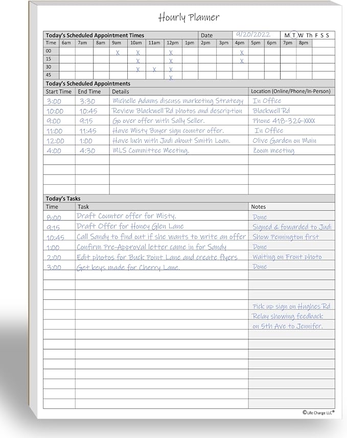 Life Charge Hourly Planner Notepad for Work, Daily Schedule with Time Blocking, Task List & Notes, 60 Pages, 8.5 x 11 Letter