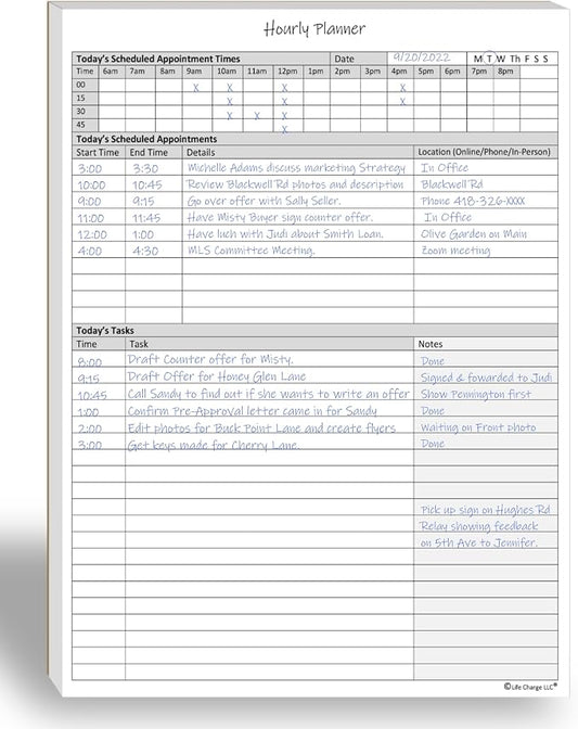 Life Charge Hourly Planner Notepad for Work, Daily Schedule with Time Blocking, Task List & Notes, 60 Pages, 8.5 x 11 Letter