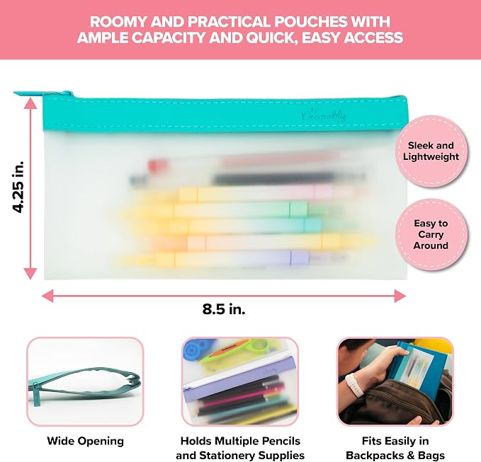 Decorably 4 Pack Clear Pencil Pouches with Zipper, 8.5x4.25in TPU | See-Through Pencil Case & Pen Bag in 4 Colors for School Supplies, Cosmetics, Makeup & Travel - Pouch for Girls & Teens