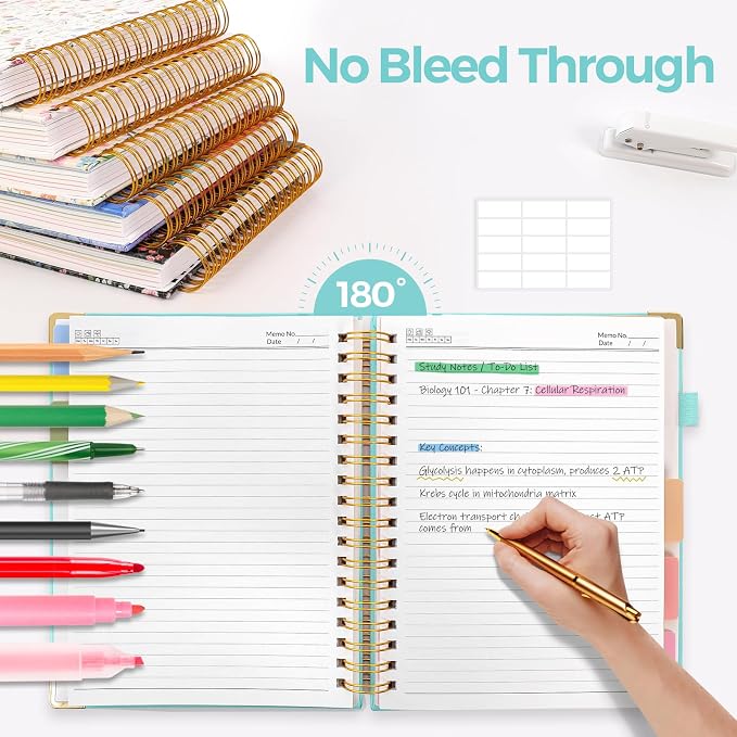 SKYDUE Spiral Journal for Women, B5 College Ruled Notebooks for Work with Dividers,Tabs and Pocket, Mint