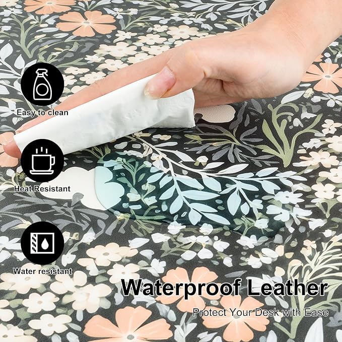 Colorful Star Green Floral Leather Desk Mat, Non-Slip Mouse Pad 31.5"x15.7" | Keyboard Gaming Desk Pads for Office, Desk Décor Large Blotter Writing Pad, Desk Accessories for Women Men