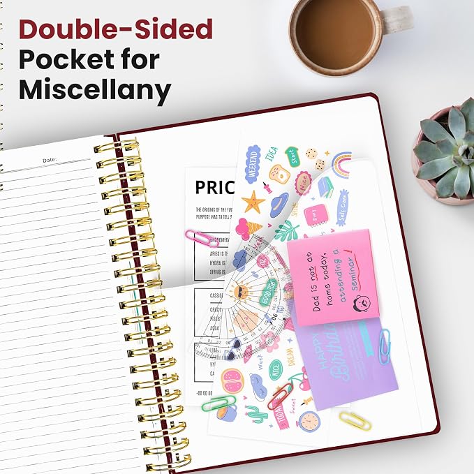 Hardcover Spiral Journal Notebooks for Work With Removable Dividers & Tabs, 8.5"x11" 5 Subject Notebook for Note Taking & Organizer, A4 College Ruled Lined Journal for Women & Writing, Burgundy, 280 Pages