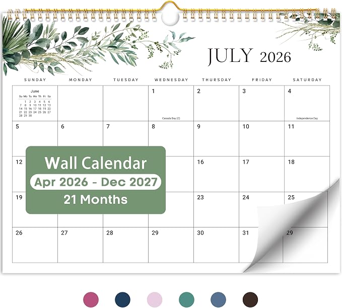 Calendar 2026-2027, Monthly Wall Calendar from April 2026 to December 2027, 11.5" x 14.7", Spiral Binding Hanging Wall Calendar, Perfect for Home or Office,Leaves