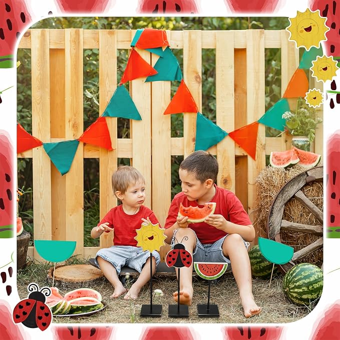 3 Pcs Summer Table Decor Wooden Watermelon Ladybug Decorations Standing Watermelon Decor Summer Table Centerpiece Rustic Farmhouse Sign for Home Kitchen Office Beach Party
