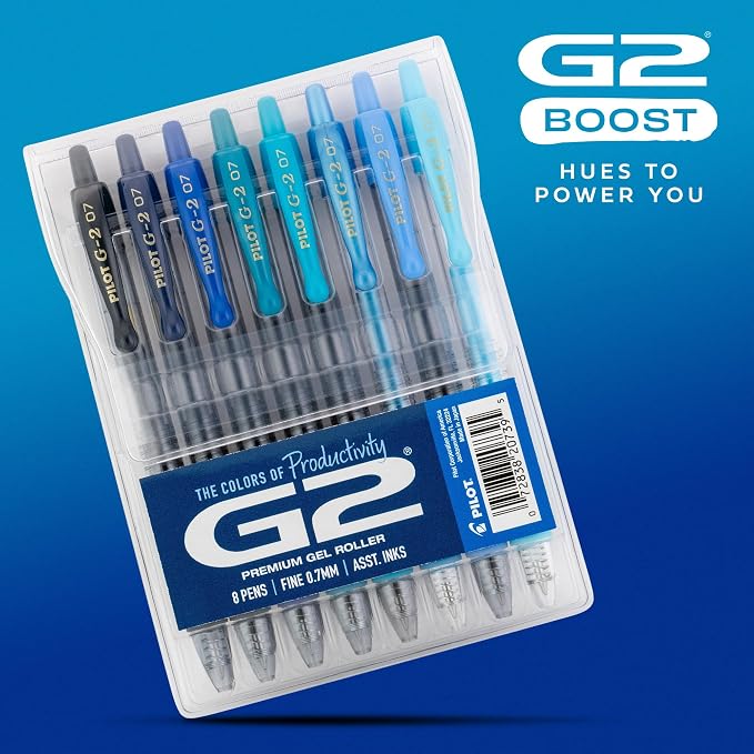 Pilot G2 Premium Gel Roller Pens, G2 Boost Blue Pens Pack, The Colors of Productivity, 8 Pack Pouch, Fine Point 0.7 mm, Assorted