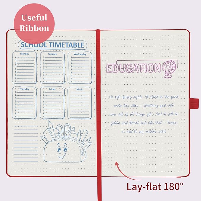 Dotted Journal/Notebook - Dot Grid Hard Cover Notebook, Premium Thick Paper with Fine Inner Pocket, Black Smooth Faux Leather, Pen Loop, 5.3'' x 8.26'' - Red