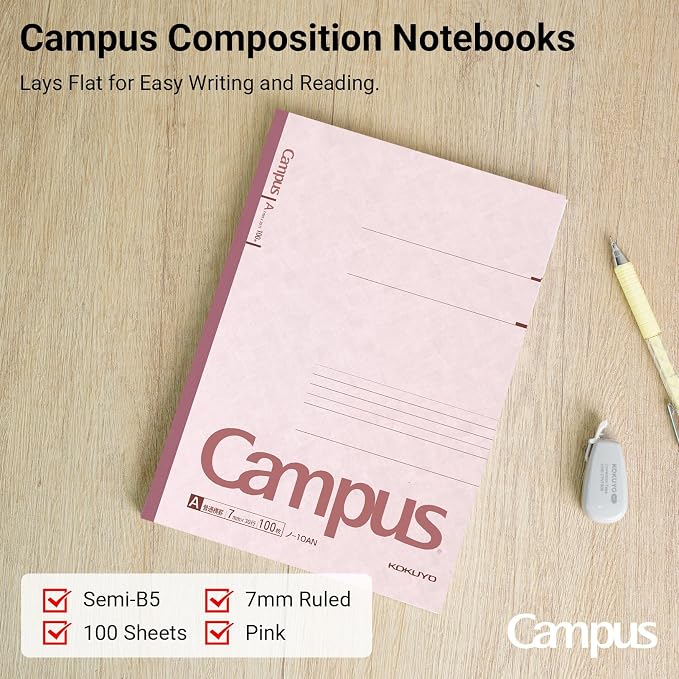 KOKUYO Campus Composition Notebook, 1 Pack B5 Lined Notebooks with 100 Sheets College Ruled Paper, 7 x 10 inch Pink Notebook for School and Work, School Supplies Comp Book for Journal Diary