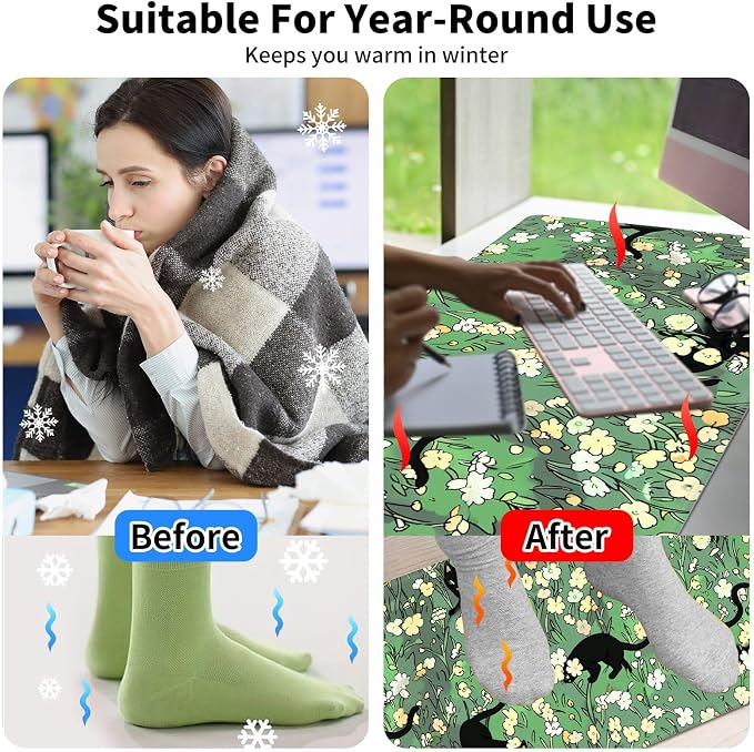Warm Desk Pad,Heated Desk Pad,Office Mat,3 Heating Levels & 3 Hours Auto Shut-Off,31.5"*13" Gaming Mouse Laptop Keyboard Leather Desk Mat,Cat Floral Green