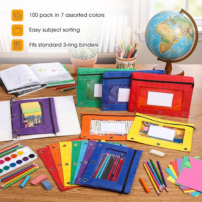Zhehao 100 Pcs Zipper Binder Pencil Pouches:3 Ring Binder Pencil Pouches with Window Bulk Clear Pen Bags Case for Office School Classroom Supplies(Novel Color,Single Layer)