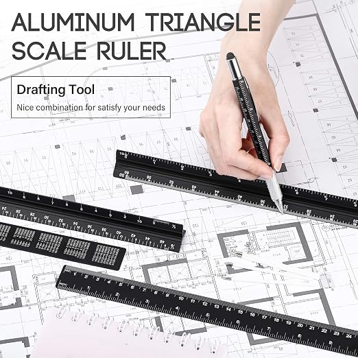 Weewooday 10 Pieces 12 Inch Architectural Scale Ruler Aluminum Triangular Engineering Ruler Scale with 6 in 1 Multitool Pen Ballpoint Pen for Architects, Draftsman, and Engineers