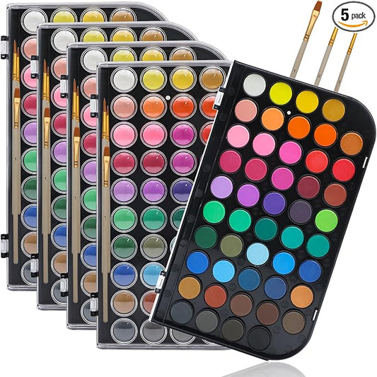 Artecho 48 Colors (5 Packs) Watercolor Paint Set, Portable Travel Watercolor Cake Kit with 3 Brushes, Easy-Clean Washable Paint for Card Making, Illustrations, Painting, Calligraphy