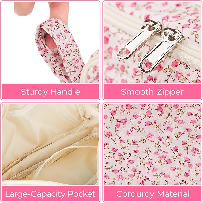 WOBAGMEN Quilted Pencil Pouch, Pink Floral, Girls Women | Large, Compartments, Cute Aesthetic, Organizer, School Supplies