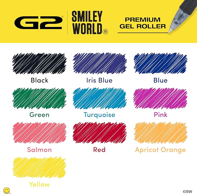 PILOT, G2 Premium Gel Roller Pens, G2 SmileyWorld Collection, Write Happier, 10 Pack Pouch, Fine Point 0.7 mm, Assorted