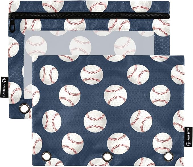 Baseball Pencil Pouches for 3 Ring Binder, Zipper Binder Pencil Case, 2 Pack Clear Window Case Bag for Office Organizers