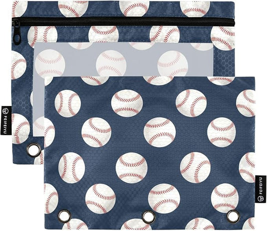 Baseball Pencil Pouches for 3 Ring Binder, Zipper Binder Pencil Case, 2 Pack Clear Window Case Bag for Office Organizers