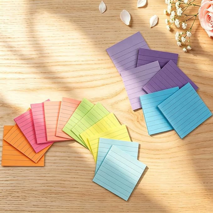 Lined Sticky Notes, Sticky Notes with Lines 18 Pads 9 Colors 3x3 50 Sheets Large Self-Stick Lined Stickies College Ruled Note Pads Teacher Back to School Supplies and Oﬃce Products