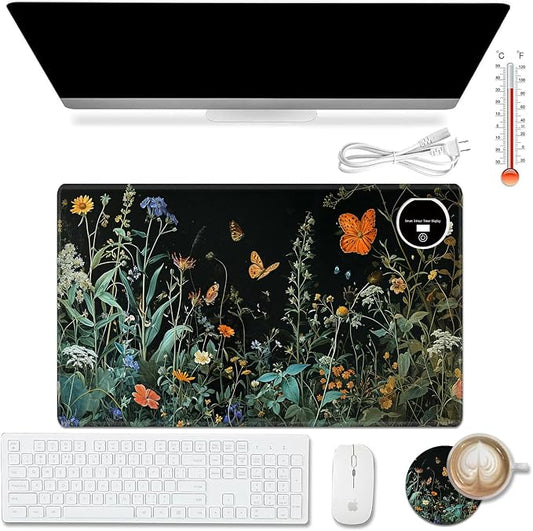 Heated Desk Pad Mouse Pad,Heated Desk Mat,with 3 Heating Levels & 3 Hours Auto Shut-Off,Leather 23.6"*14.2" Gaming Mouse Laptop Mat,Foot Warmer,Floral Plant Butterfly