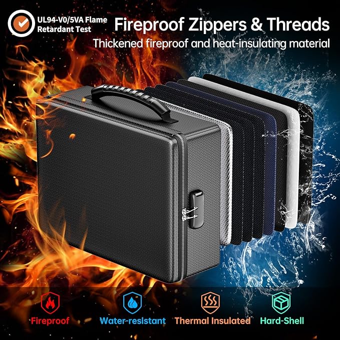 ENGPOW Fireproof Document Box with Lock & Heat-Resistant Fireproof Zipper | 6400°F 12-Layer Fire Protection,Hard Case File Organizer with Multi-Pocket,Portable Home Safe Storage for Money,Jewelry