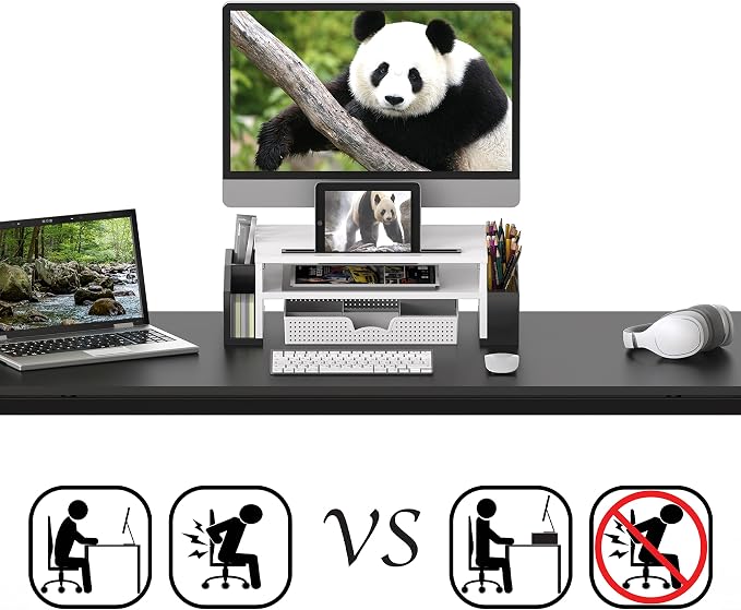 Simple Houseware Desk Monitor Stand Riser w/ Adjustable Tray, Black/White | Built-In Tablet Slot and Side Storage