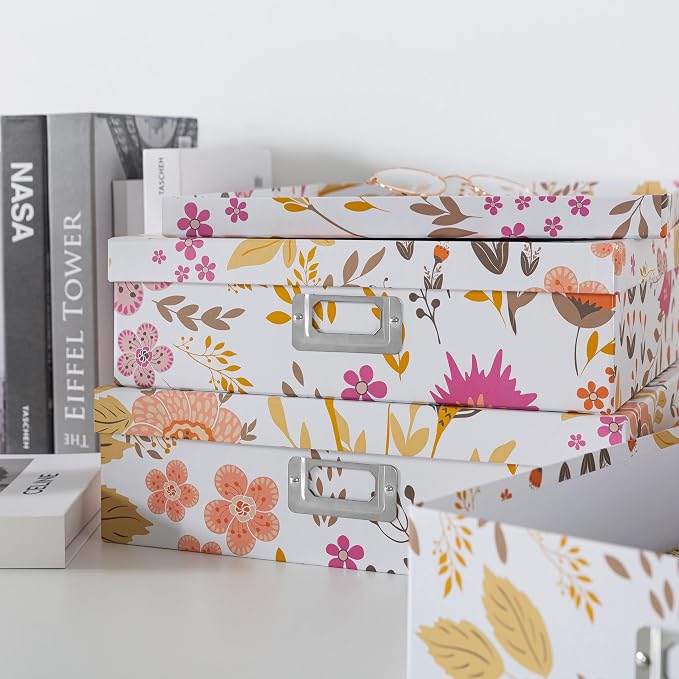 Soul & Lane - Keepsake Storage Boxes with Lids, Set of 3, Floral Collage | Decorative Cardboard Document Box Set for Photos, Scrapbooks and Memories, Large Pretty Letter Organizers for Organizing