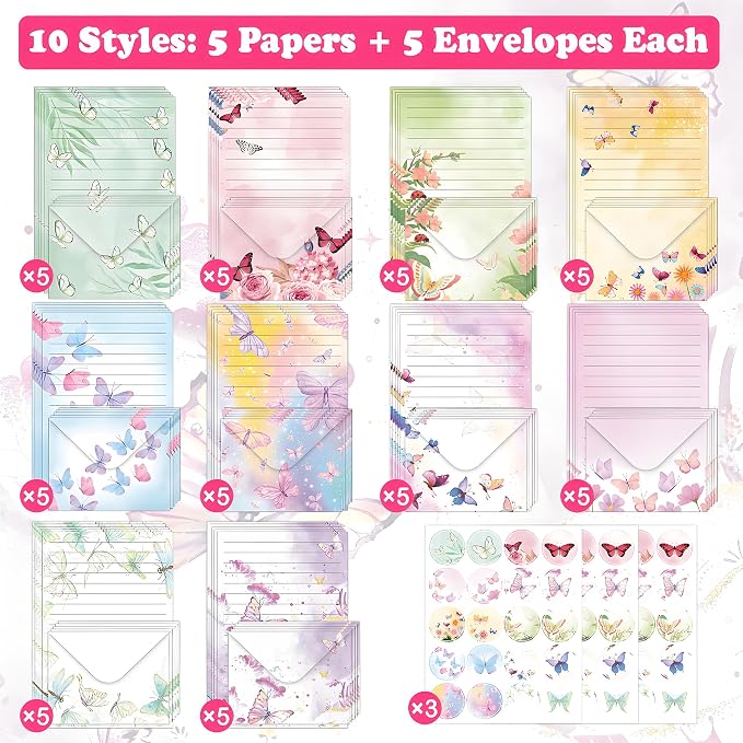 FUNCLASS 160 Pcs Butterfly Stationery Set Letter and Envelopes | 50 Lined Stationery Paper and 50 Matching Envelopes , 5.5 x 8.25 Inches Letter Writing Stationery for Home, Office, School