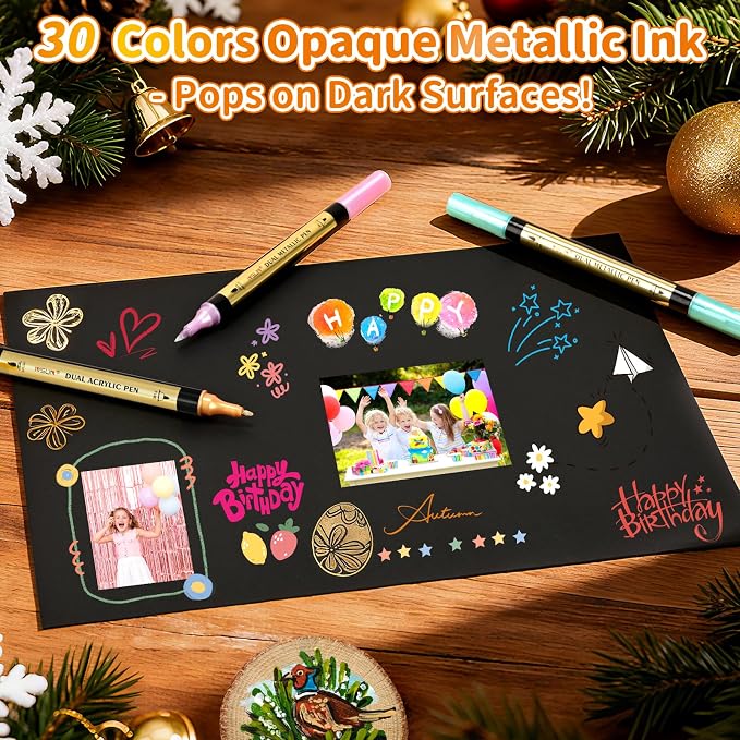 IVSUN 30 Metallic & 30 Regular Colors Dual Tip Acrylic Paint Markers | Works on Black Paper, Photo Album, Rock Painting, Wood, Card Making, DIY Crafts, Scrapbook Supplies