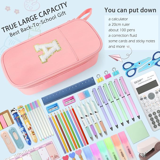 Cute Large Pencil Case Pouch,Personalized Initial Pencil Bag for Girls Boy | Multiple Pockets With Smooth Dual-Zipper, Big Capacity Aesthetic Pen Case Bag For Kids College Art School Gift