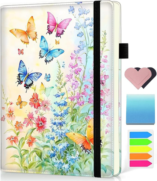 Hardcover Executive Notebooks, A5 PU Leather Lined Journal Notebook, 200 Pages Thick Paper Subject Notebooks for School,Work,Home Writing Business Notebook,Watercolor Butterflies and Flowers
