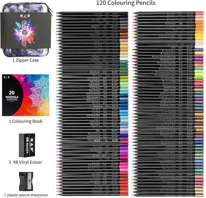 H & B 120-Color Colored Pencils Set with Mandala Coloring Sheets, Eraser, Sharpener - Soft Oil-Based CoresArt Supplies Drawing Kit for Adults, Kids, and Beginners
