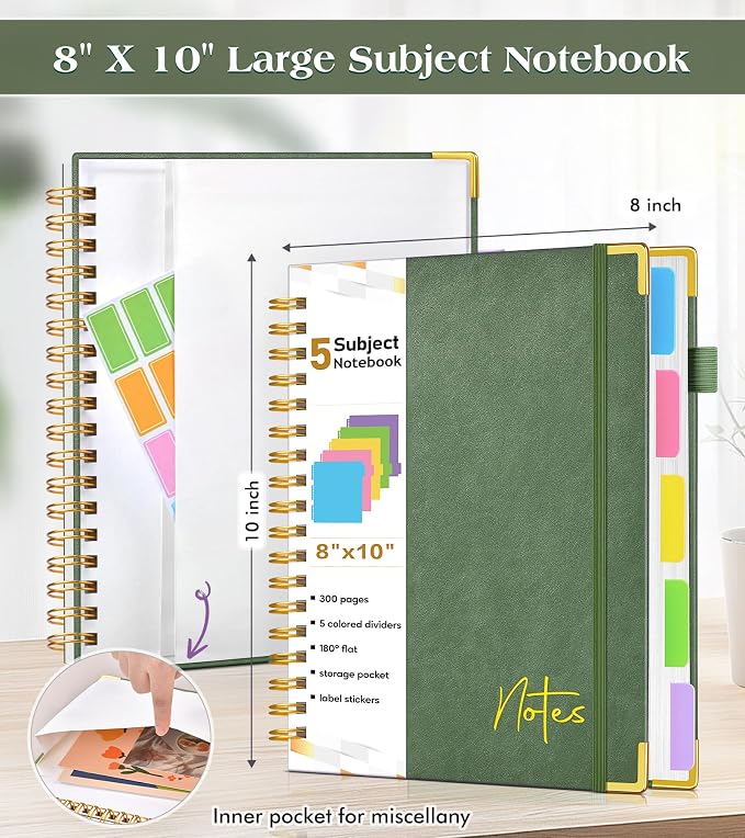 5 Subject Graph Paper Notebook with Removable Dividers Tabs, 300 Pages Hardcover Leather Grid Spiral Journal, 8"x10" B5 Large Graphing Notebooks for Women Men Work School College Engineering, Green