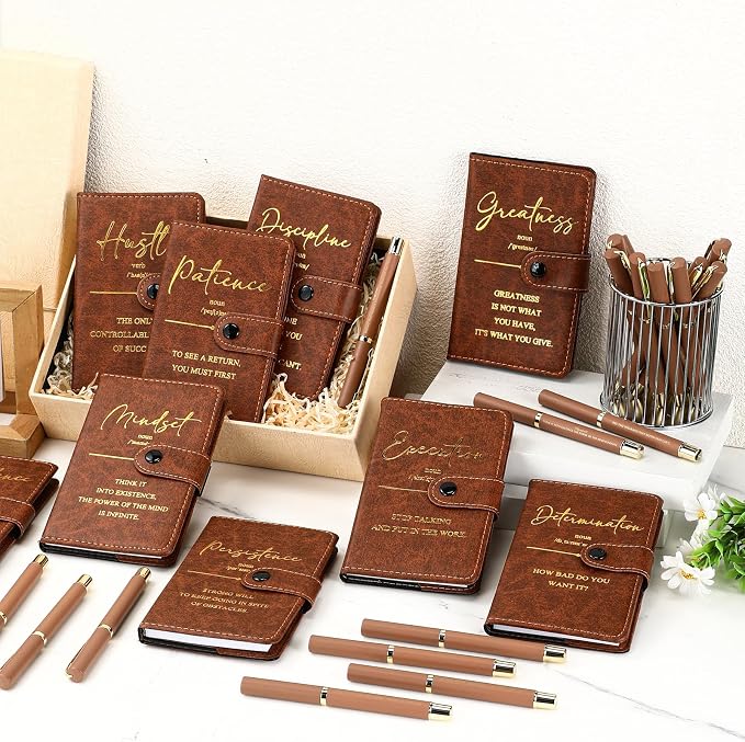Tenceur 20 Sets Inspirational Gifts Bulk Leather Notebooks Pens with Growth Motivational Quotes for Employee Students Prizes Back to School Encouragement Appreciation Gifts (Brown)