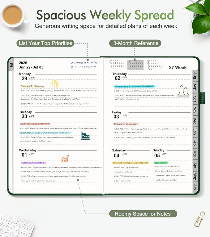 Planner 2026-2027, Academic Weekly and Monthly Calendar Planner from July 2026 - June 2027, Hardcover Leather Daily Agenda Book with Tabs, College School Organizer for Student Teacher, A5 (5.75" x 8.38"), Green