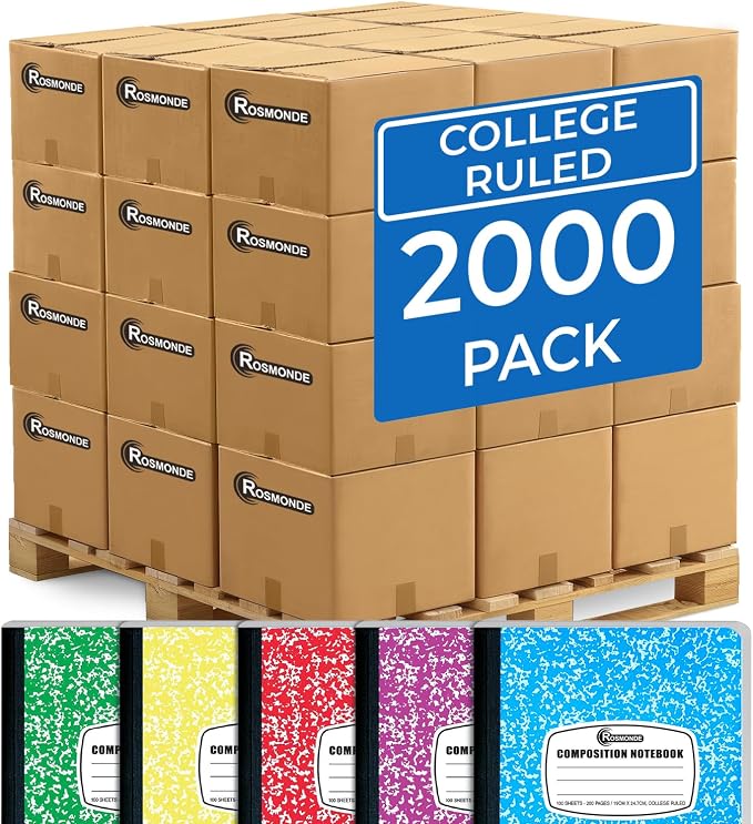 Rosmonde 2000 Pack (Pallet) Composition Notebook Bulk, College Ruled, Full Pallet of Composition Notebooks, 100 Sheets (200 Pages), 9-3/4 x 7-1/2, Bulk Notebooks for School & Office, 4-7 Days Transit