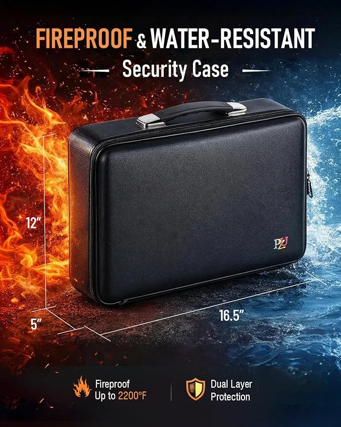 Fireproof Document Box - Hard-Shell Design Waterproof & Fireproof Document Safe with Lock, Fire Box Safe for Documents, Laptops, Passports Ex.16.5 x 12 x 5 inches, Black