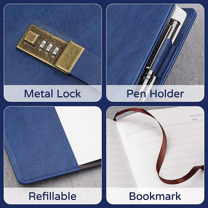 WEMATE Diary with Lock, A5 PU Leather Journal with Lock 240 Pages Blue | Vintage Lock Journal Password Notebook with Pen & Gift Box, Lock Diary Planner Organizer for Men and Women, 8.6x5.8in