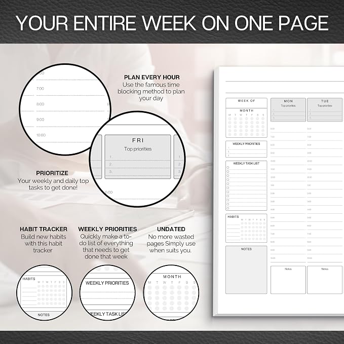 Weekly Hourly Planner Notepad, Daily Planner Desk Pad, Weekly Schedule, To Do List Note Pad, ADHD Planner | 50 Undated Tear Away Sheets | A4 (Mono)