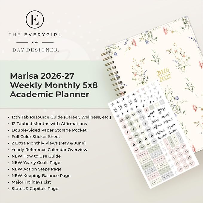 Blue Sky 2026-2027 Weekly & Monthly Academic Planner, 5"x8", Marisa | July 2026 - June 2027, Flexible Cover, Wirebound, Laminated Tabs, Storage Pocket, Stickers, Academic Year, The Everygirl