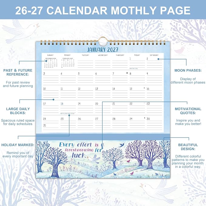 Wall Calendar 2026-2027 - Jul 2026 - Dec. 2027, 18 Monthly Calendar 2026-2027 with Pockets, 12" x 12", with Ample Ruled Space, Holidays, 2-Sided Pockets, 12 Seasonal Calendar, Great for Home & Office