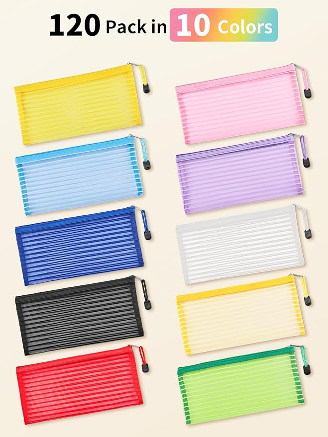 JARLINK Zipper Mesh Pouch, 120 Pcs multi-use Pencil Bags in 10 Colors | Multipurpose Pencil Pouch Bulk for School, Office Supplies, Cosmetics, Makeup&Travel Accessories, Solid Color