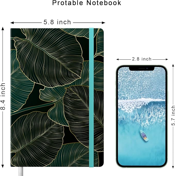 Lined Journal Notebook, Hardcover Journal for Women, Medium 5.7 x 8.4 in, 160 Pages Thick Paper, Cute Aesthetic Floral College Ruled Notebook for Journaling Writing Work Office School, Leaf