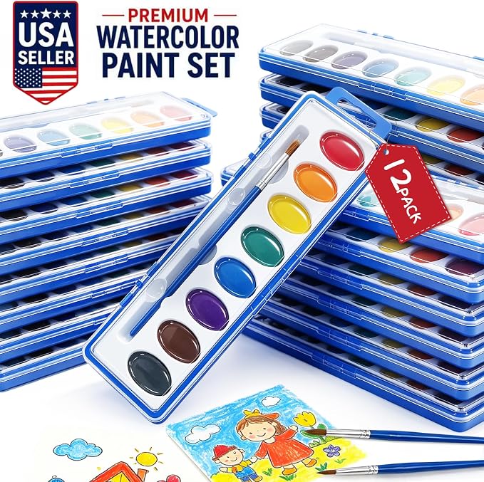 12 Pack Watercolor Paint Set Bulk, Washable, Non-Toxic Watercolors with Brushes for Kids & Adults – Watercolor Paints for Classrooms, Parties, and Art Activities, Watercolors for Kids