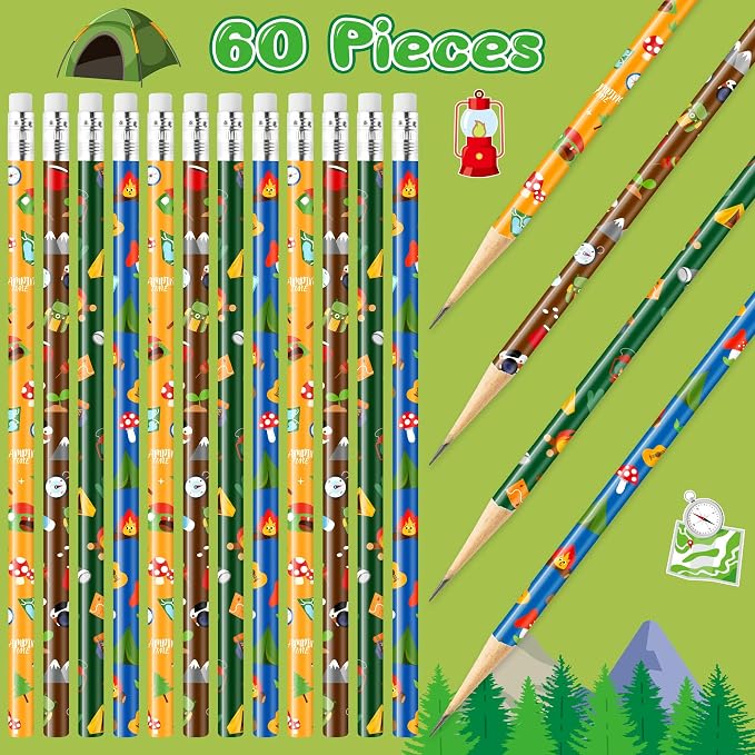 Xqumoi 60Pcs Camping Pencils with Erasers - 4 Designs #2 HB Pencils in Bulk Outdoor Camping Patterns Themed Stationery School Classroom Rewards Goodie Bag Fillers Stuffers Birthday Party Favors