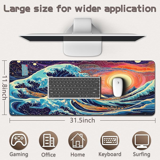 Mouse Pad Gaming - Desk Mat for Keyboard and Mouse - Kanagawa Large Mouse Pad for Desk, Japanese Sea Wave Mousepad (31.5" x 11.8") with Non-Slip Base, Desks Pad Mat for Gaming, Office and Home