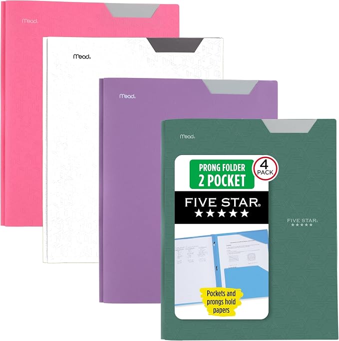 Five Star 2-Pocket Folder,Plastic Folder with Stay-Put Tabs and Prong Fasteners,Holds 8-1/2" x 11" Paper,Tidewater Blue,White,Amethyst Purple,Harvest Yellow (38064),(Pack of 24)