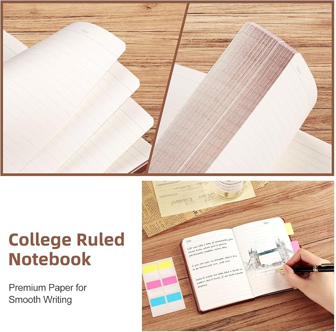 AHGXG Small Lined Pocket Notebook, 256 Numbered Pages, B6 (4.1'' X 5.7'') | College Ruled Mini Journal, Vintage Leather Softcover, 80gsm Paper, for Men Women Work Office School (Brown)