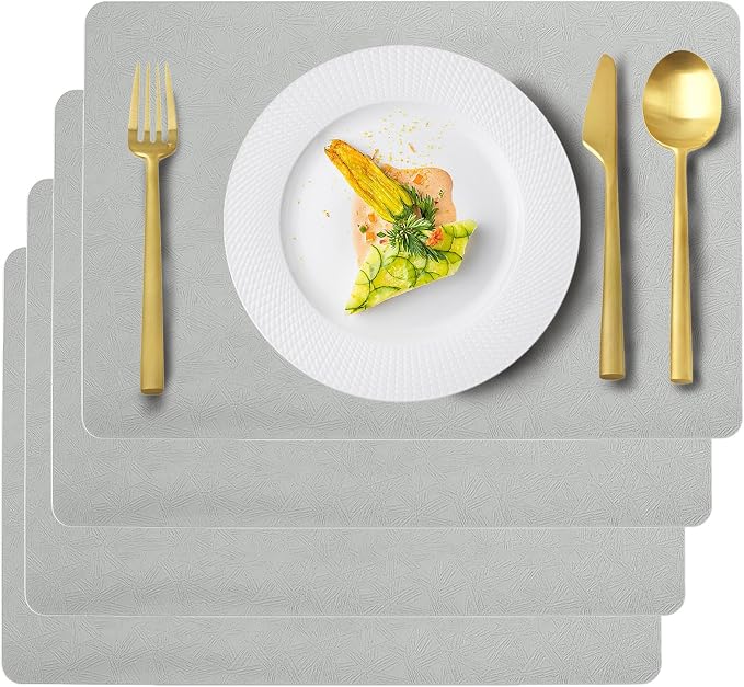 Gray Plastic Placemats Set of 4, Faux Leather Waterproof Table Mats | Light Gray Vinyl placemats,Wipeable and heat resistant table mats.Easy to clean,great for indoor and outdoor