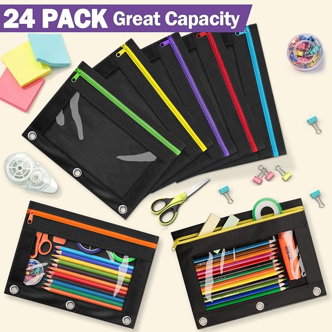120 Pack Pencil Pouch for 3 Ring Binder, 3-Hole Clear Window Zipper Pencil Bags in Bulk, Heavy-Duty Fabric Pencil Case Pouch, Versatile Cartuchera for Academic and Professional School Supplies