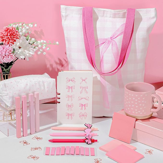 Reallnaive 25 Pcs Pink Bow Gift Set, Coquette Aesthetic School Supplies Gift with Mug, Notebook, Tote Bag, Pens, Highlighters, Stickers & Pencil Pouch, Cute Back to School Gifts for Girl, Women