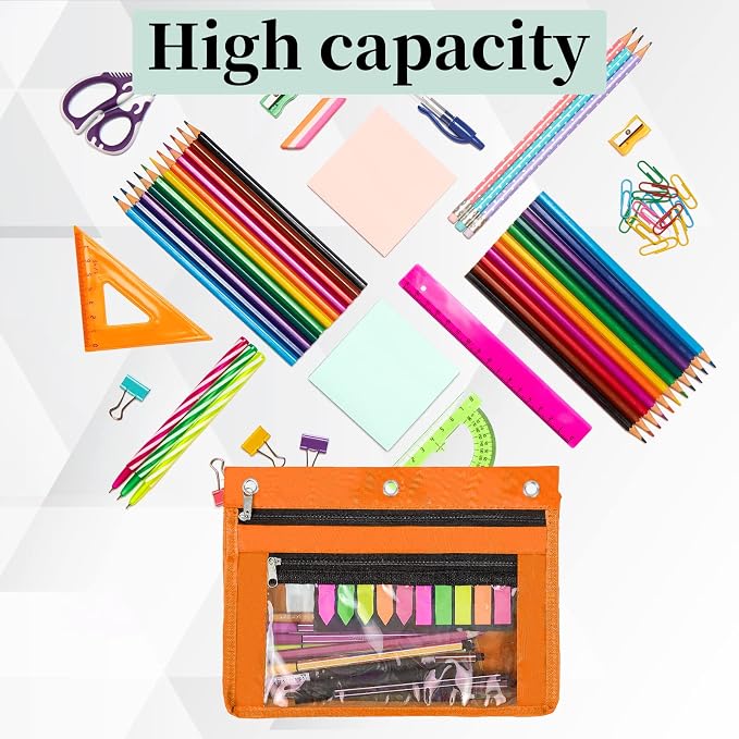 YoeeJob 2 Pack 1 Inch Expandable Zipper Pencil Pouches with Clear Window for 3 Ring Binder, Suitable for School & Office (Orange+Blue)