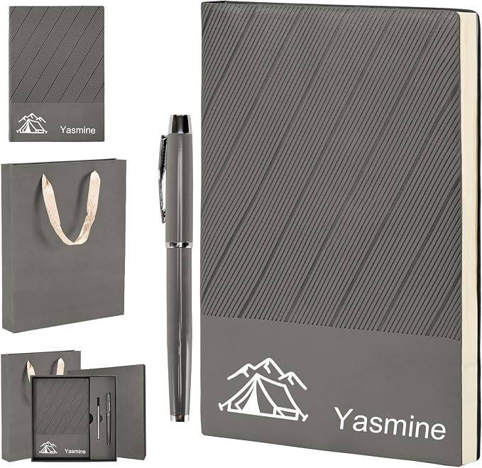 ENOMY Personalized Notebook Set with Pen & Gift Box A5 Leather Custom Notebook 200 Pages Lined Journal for Work,Business,College,Travel,Birthday,Valentine's Day Gift, Grey